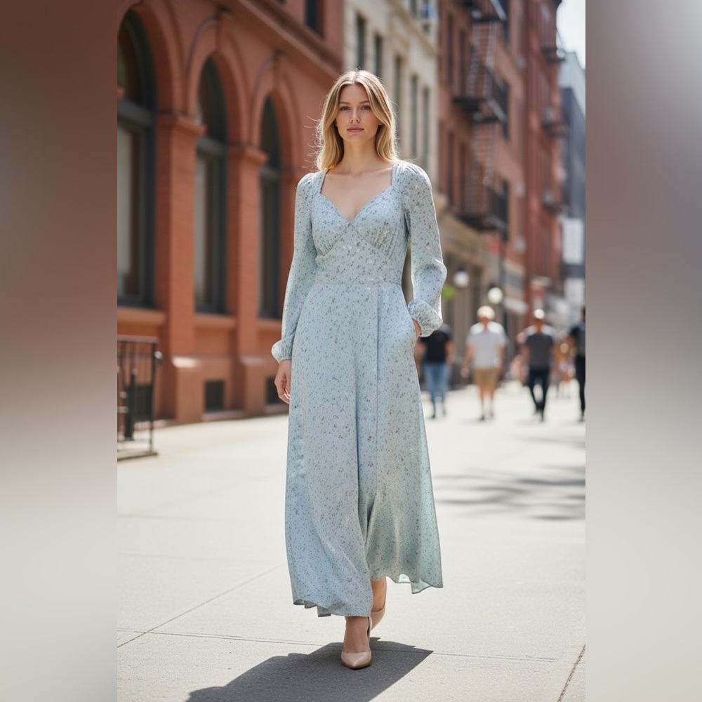 Astr Light Blue Floral Long Sleeve MIdi Dress Women’s Small